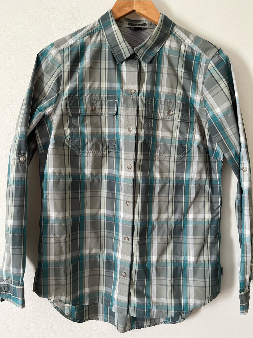 Eddie Bauer Teal & Gray Plaid Camp Outdoors Hiking Travel Button-Up Shirt S